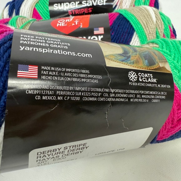 Red Heart Super Saver Stripes Yarn Derby Stripe 3 Skeins Knitting Crochet - Picture 5 of 8
